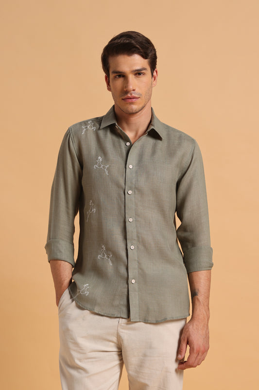 Sage Green Embroidery Slim Fit Cotton Linen Shirt for Men