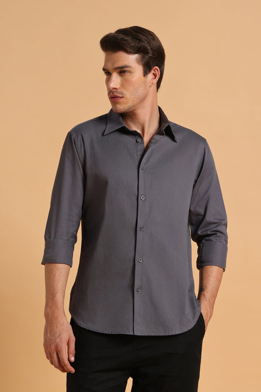 Charcoal Grey Twill Cotton Slim Fit Shirt For Men