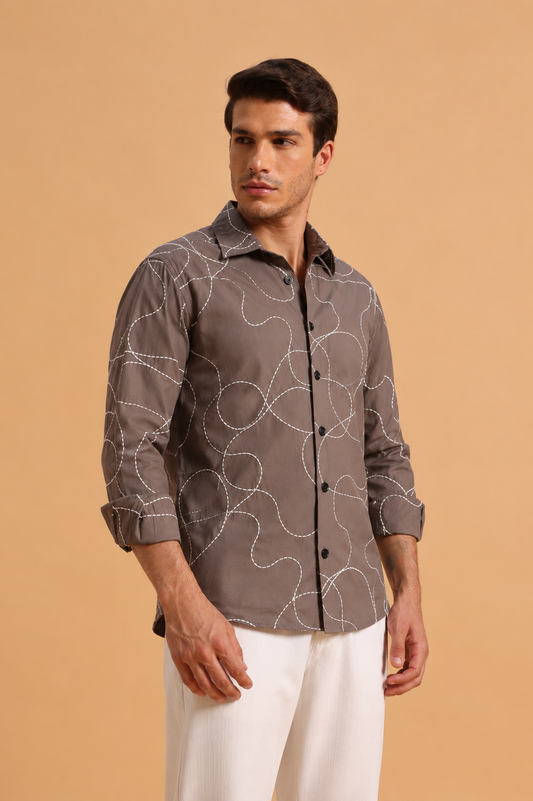 Charcoal Brown Twill Cotton Regular Fit Shirt for Men