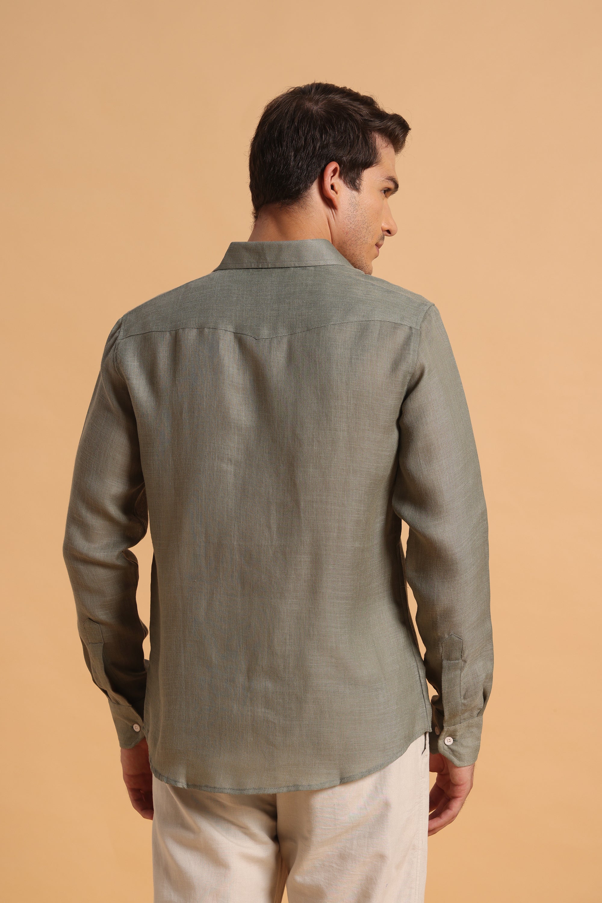 Sage Green Embroidery Slim Fit Cotton Linen Shirt for Men