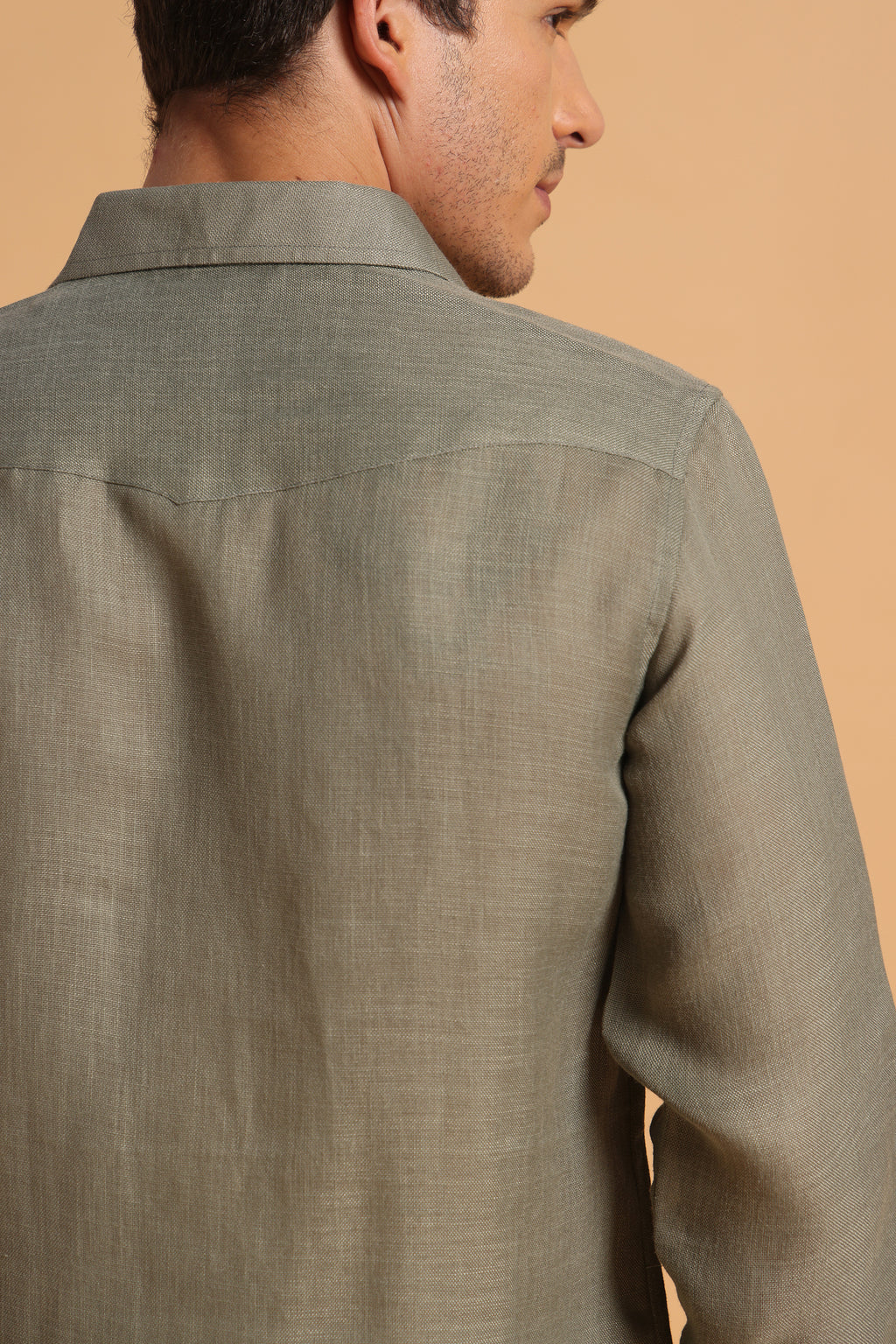 Sage Green Embroidery Slim Fit Cotton Linen Shirt for Men