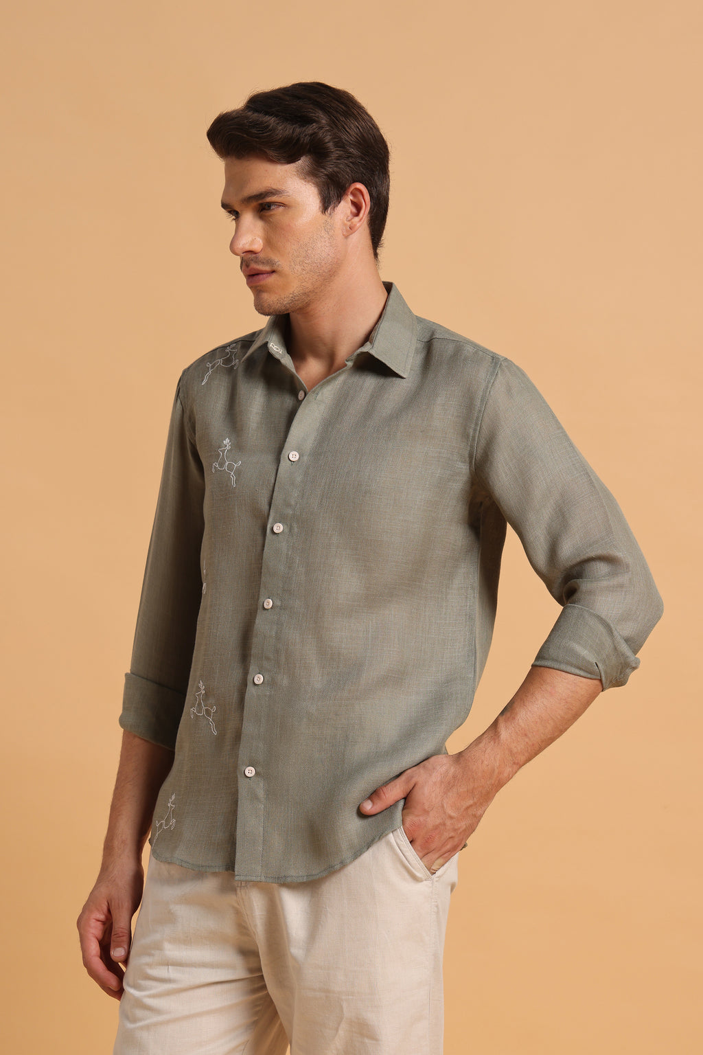 Sage Green Embroidery Slim Fit Cotton Linen Shirt for Men