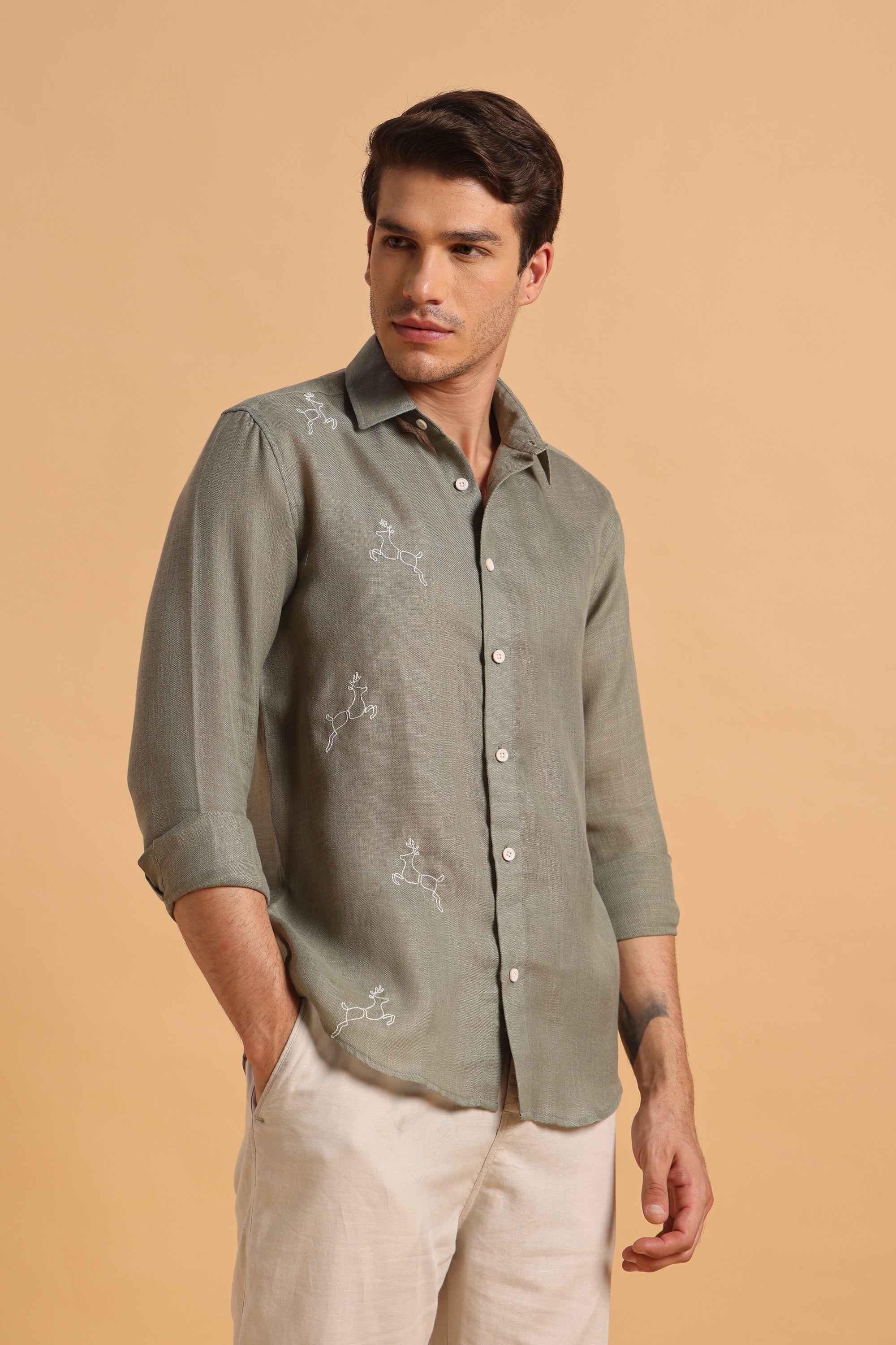Sage Green Embroidery Slim Fit Cotton Linen Shirt for Men