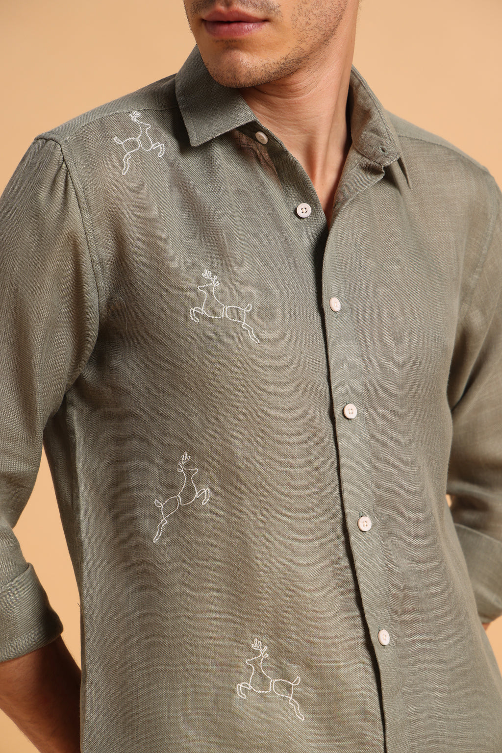 Sage Green Embroidery Slim Fit Cotton Linen Shirt for Men