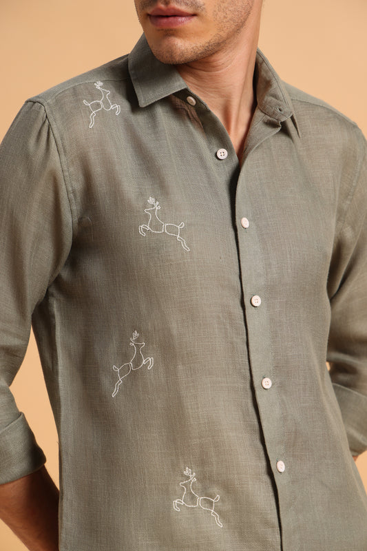 Sage Green Embroidery Slim Fit Cotton Linen Shirt for Men