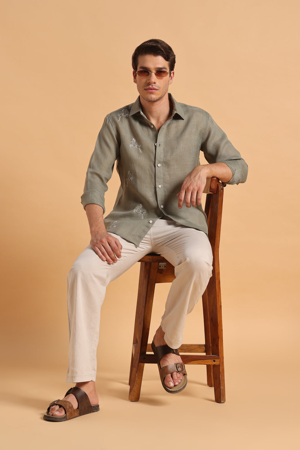 Sage Green Embroidery Slim Fit Cotton Linen Shirt for Men