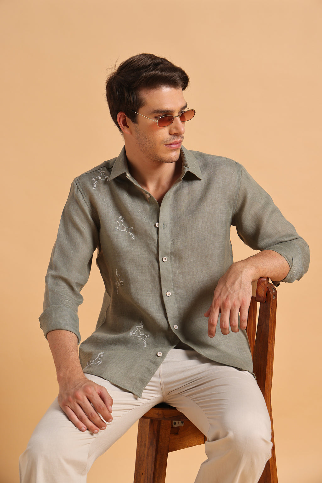 Sage Green Embroidery Slim Fit Cotton Linen Shirt for Men