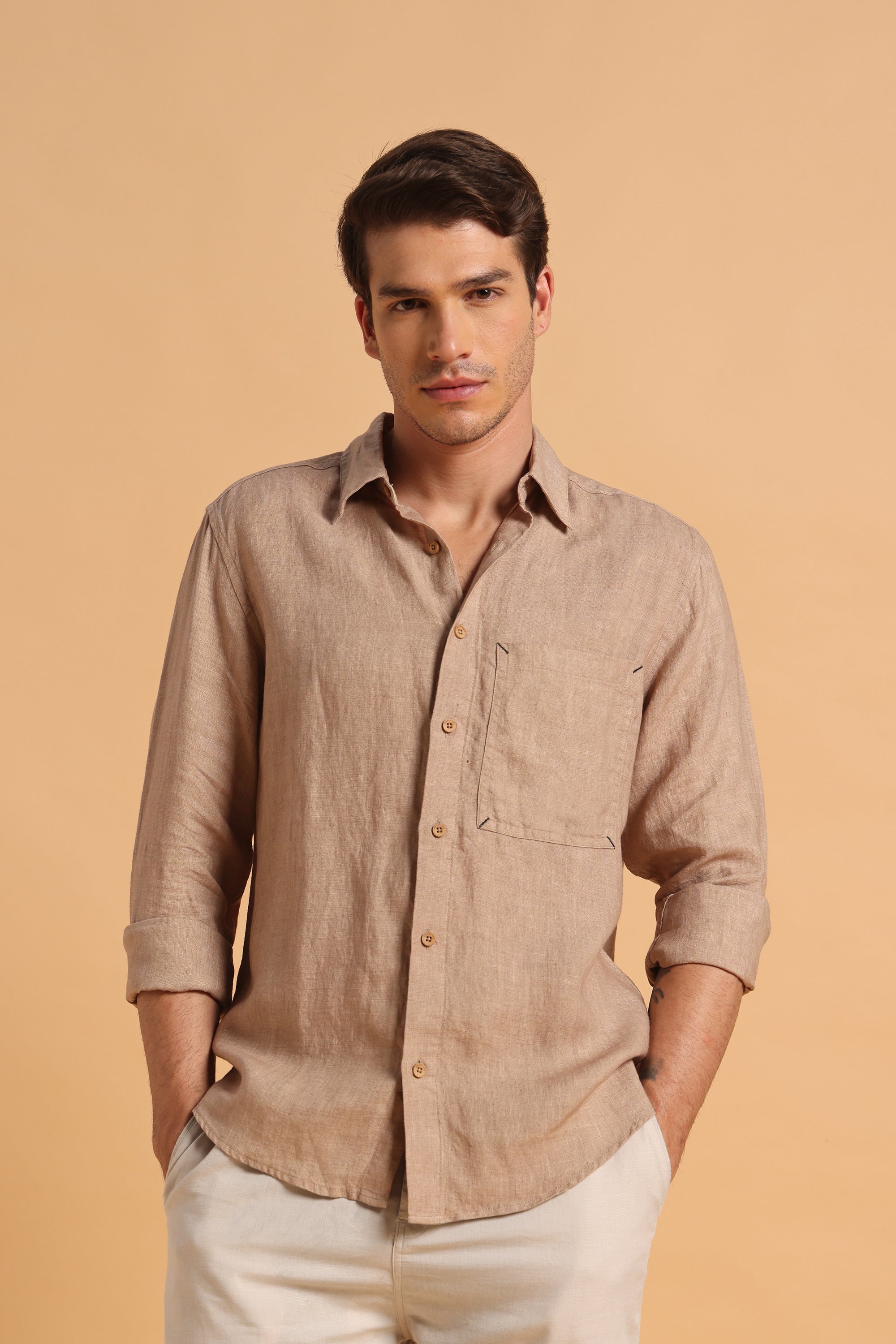 Desert Beige Pure Linen Regular Fit Shirt for Men