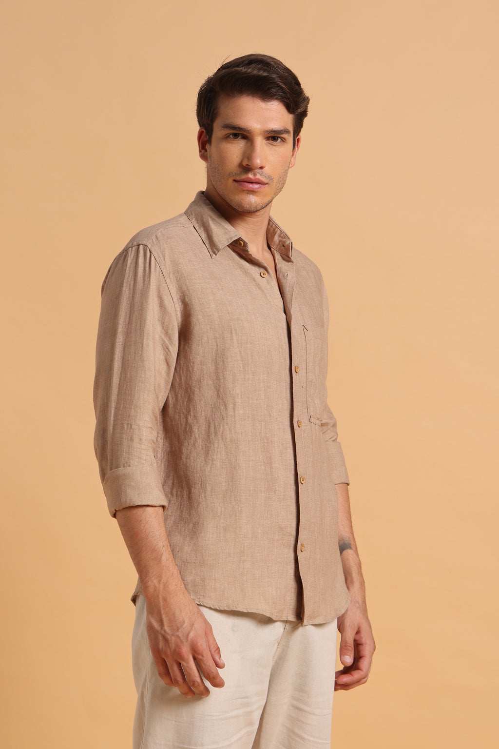 Desert Beige Pure Linen Regular Fit Shirt for Men