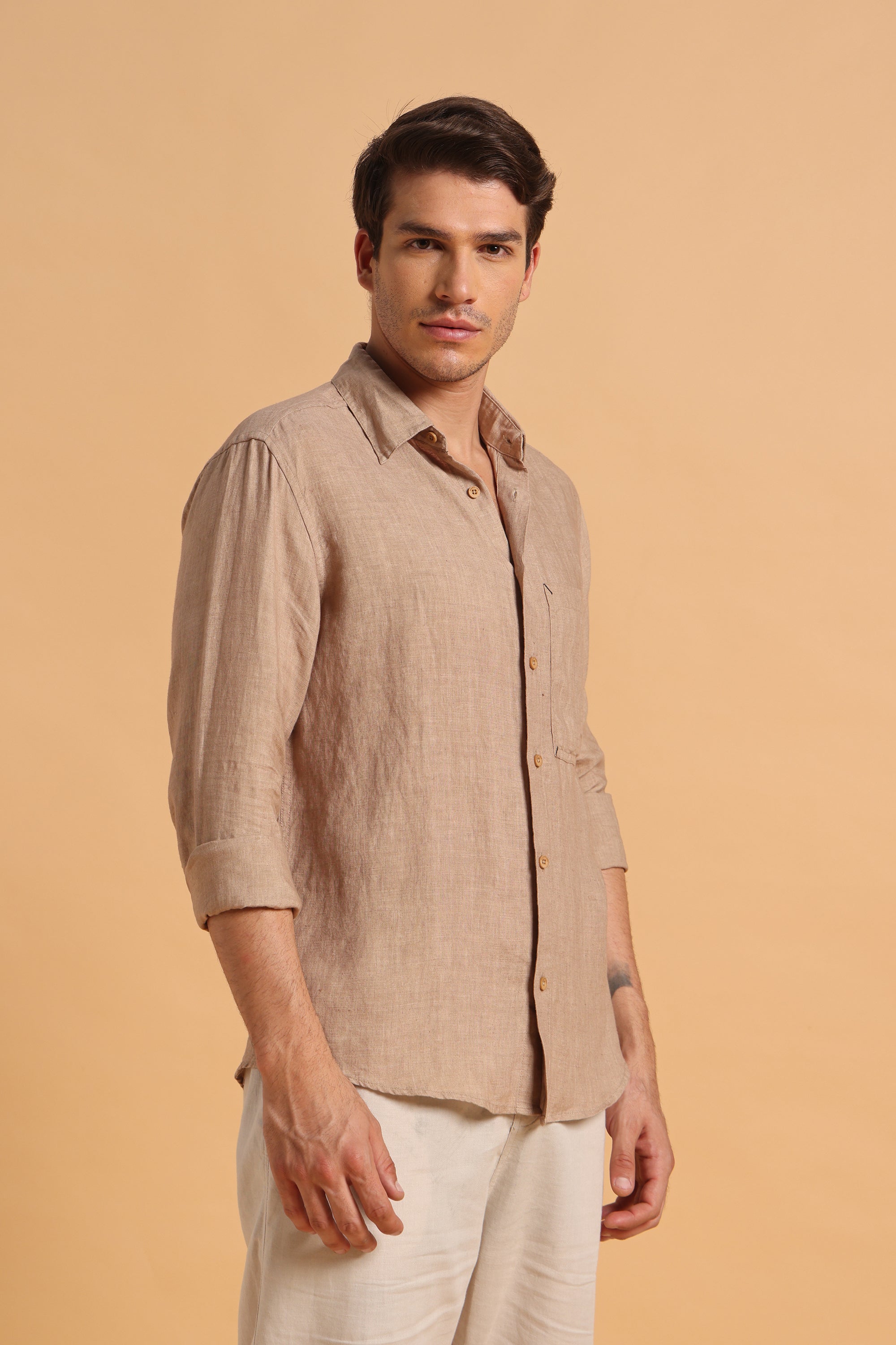 Desert Beige Pure Linen Regular Fit Shirt for Men