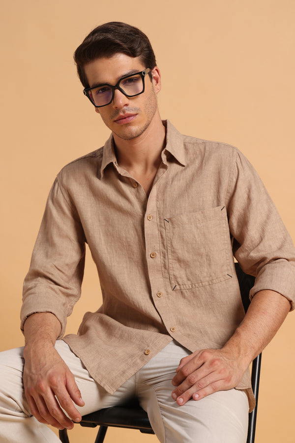 Desert Beige Pure Linen Regular Fit Shirt for Men