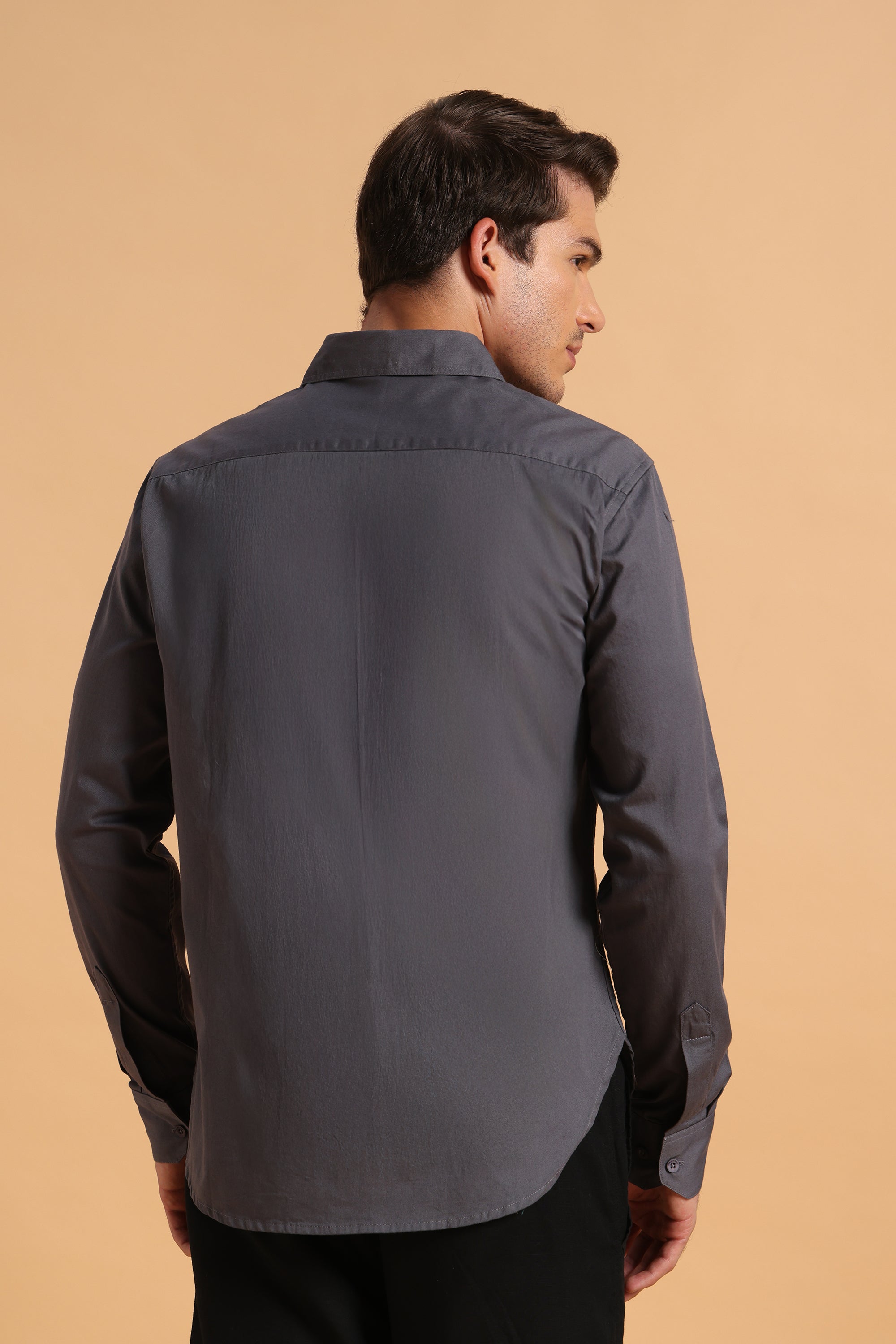 Charcoal Grey Twill Cotton Slim Fit Shirt For Men