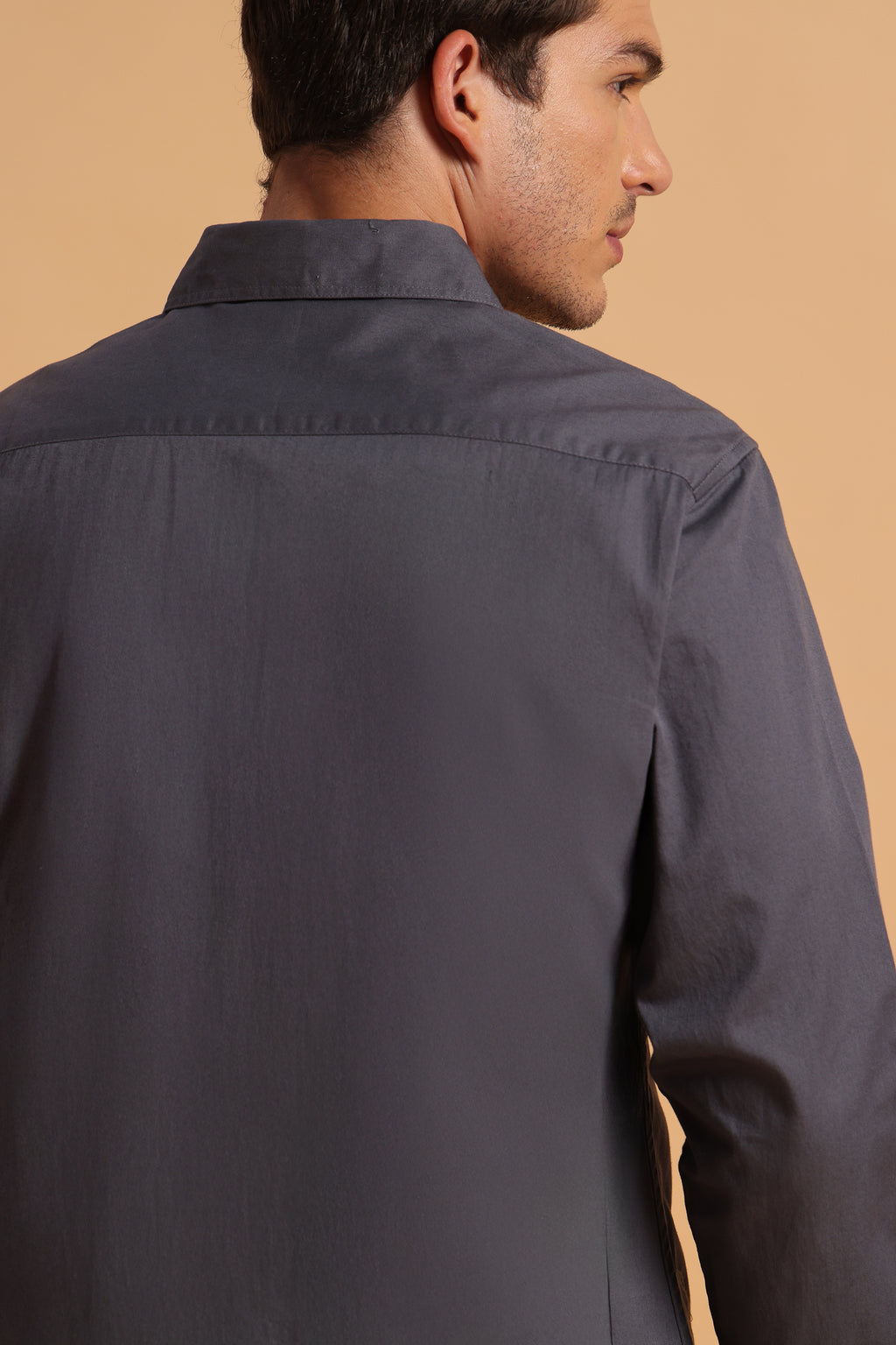 Charcoal Grey Twill Cotton Slim Fit Shirt For Men