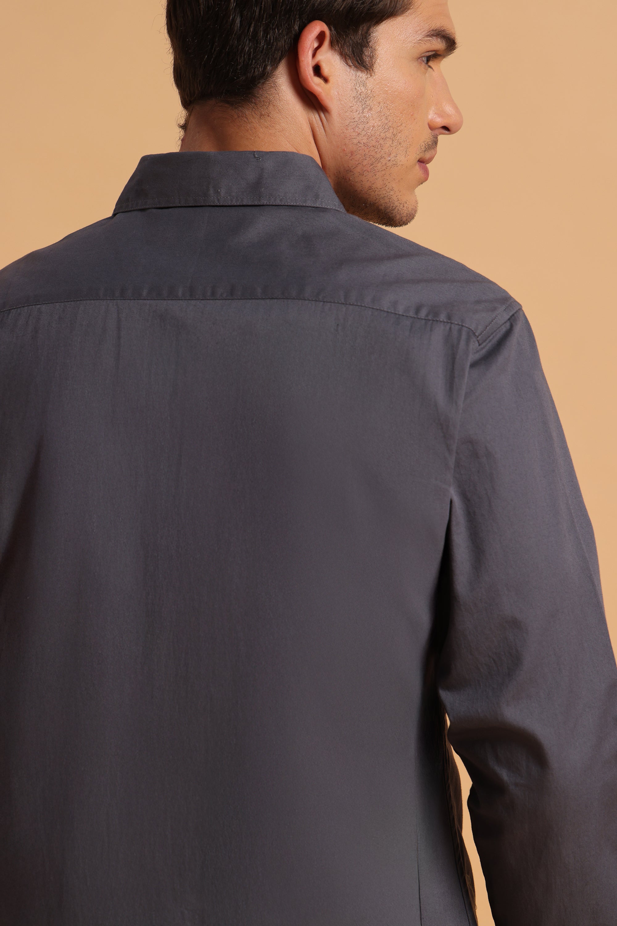 Charcoal Grey Twill Cotton Slim Fit Shirt For Men