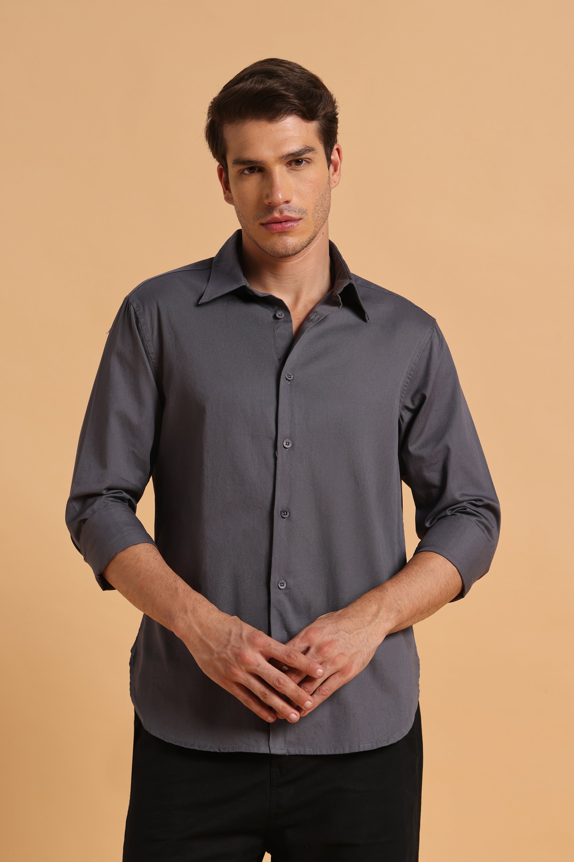 Charcoal Grey Twill Cotton Slim Fit Shirt For Men