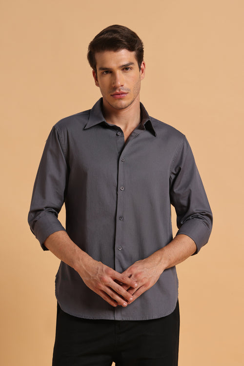 Charcoal Grey Twill Cotton Slim Fit Shirt For Men
