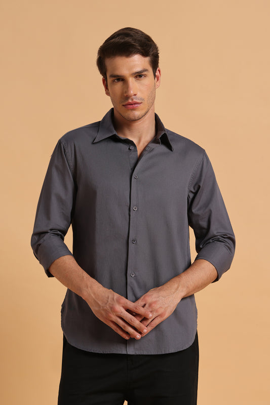 Charcoal Grey Twill Cotton Slim Fit Shirt For Men