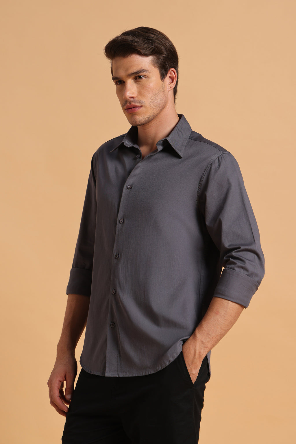 Charcoal Grey Twill Cotton Slim Fit Shirt For Men