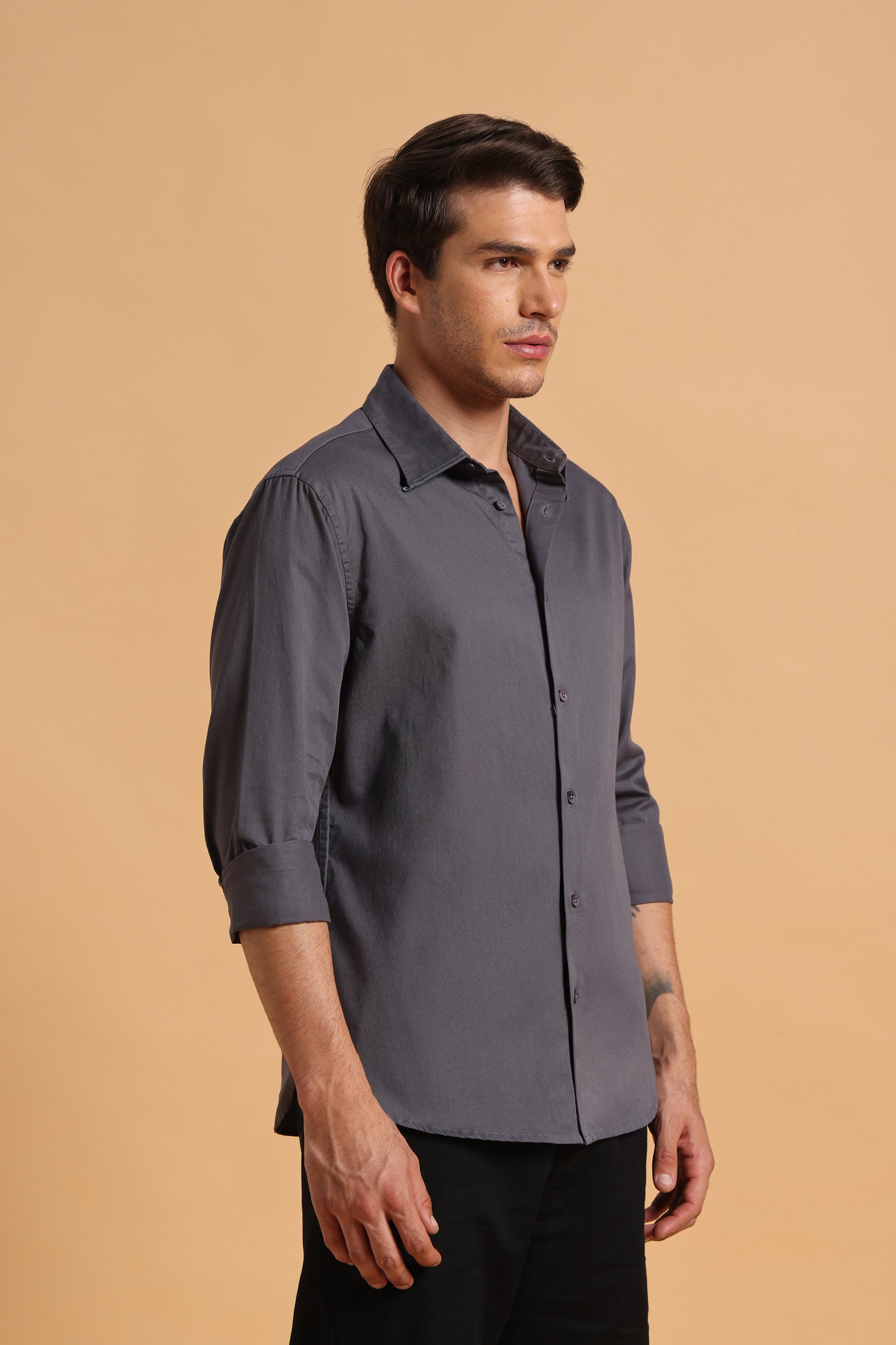 Charcoal Grey Twill Cotton Slim Fit Shirt For Men