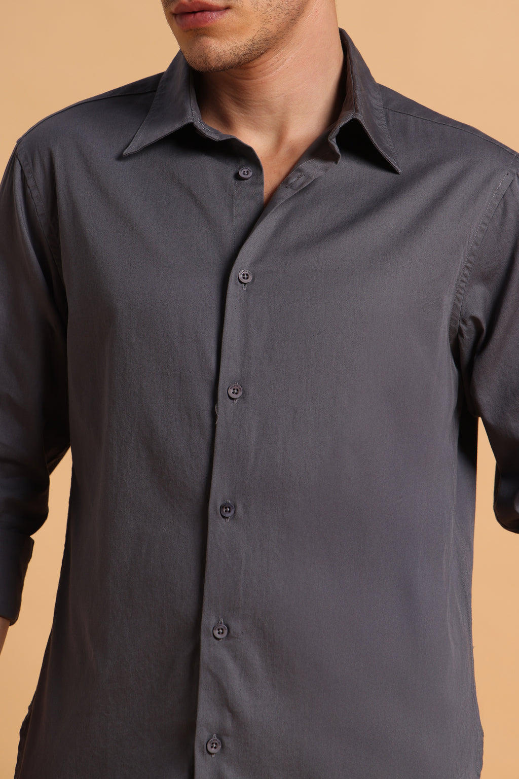 Charcoal Grey Twill Cotton Slim Fit Shirt For Men