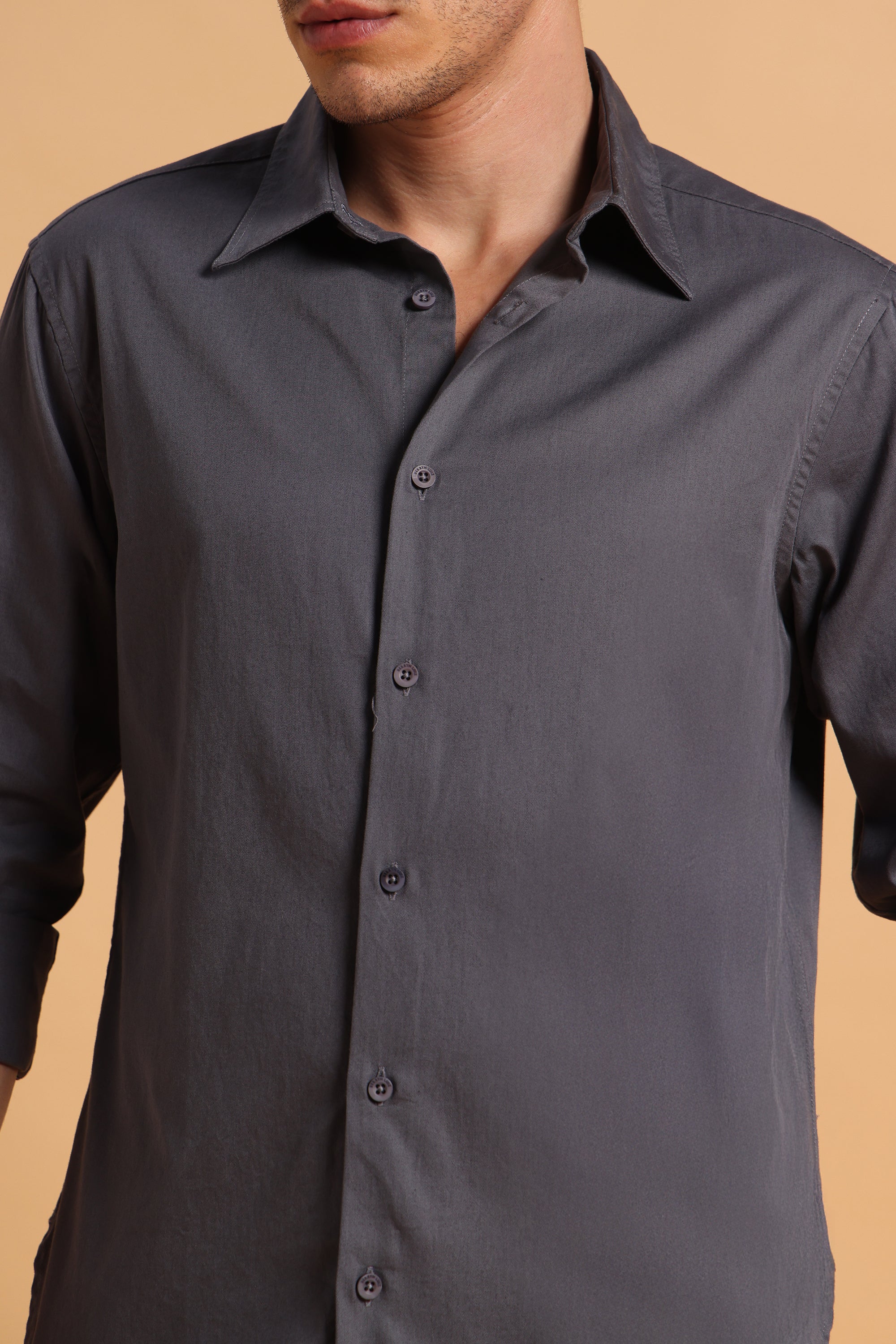 Charcoal Grey Twill Cotton Slim Fit Shirt For Men