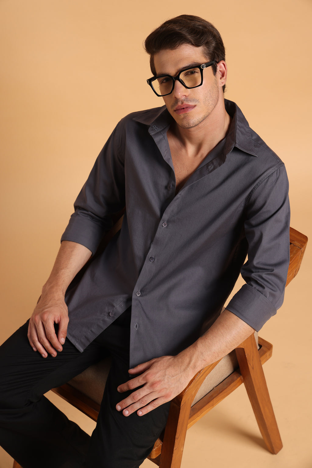 Charcoal Grey Twill Cotton Slim Fit Shirt For Men