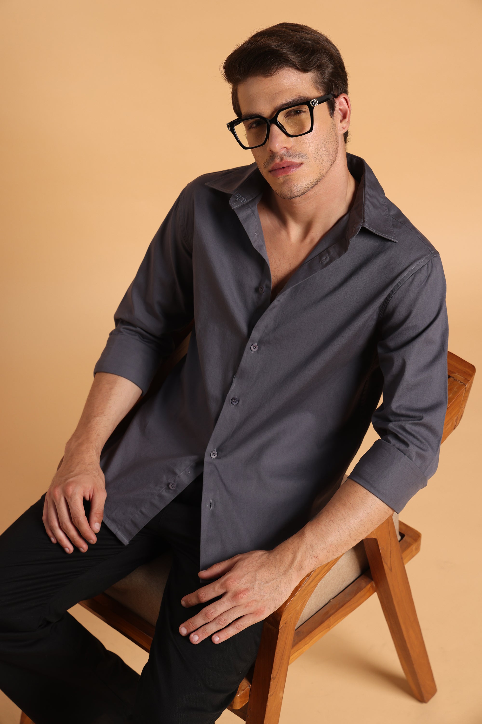 Charcoal Grey Twill Cotton Slim Fit Shirt For Men