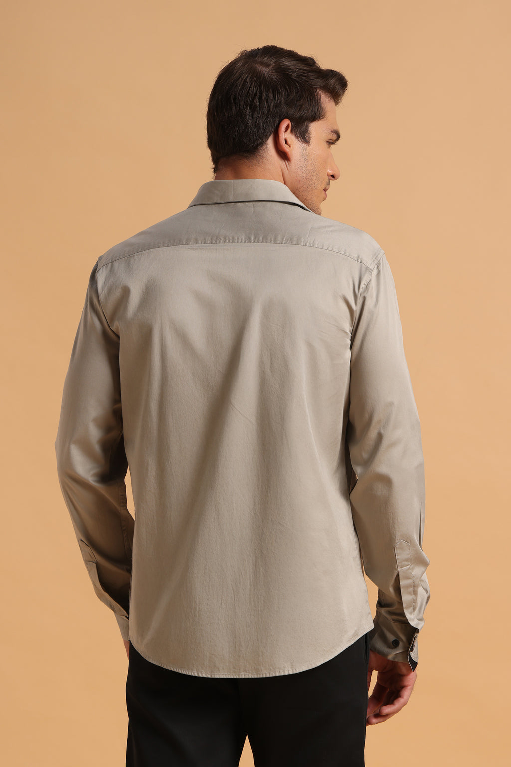 Light Khaki Satin Cotton Slim Fit Shirt for Men