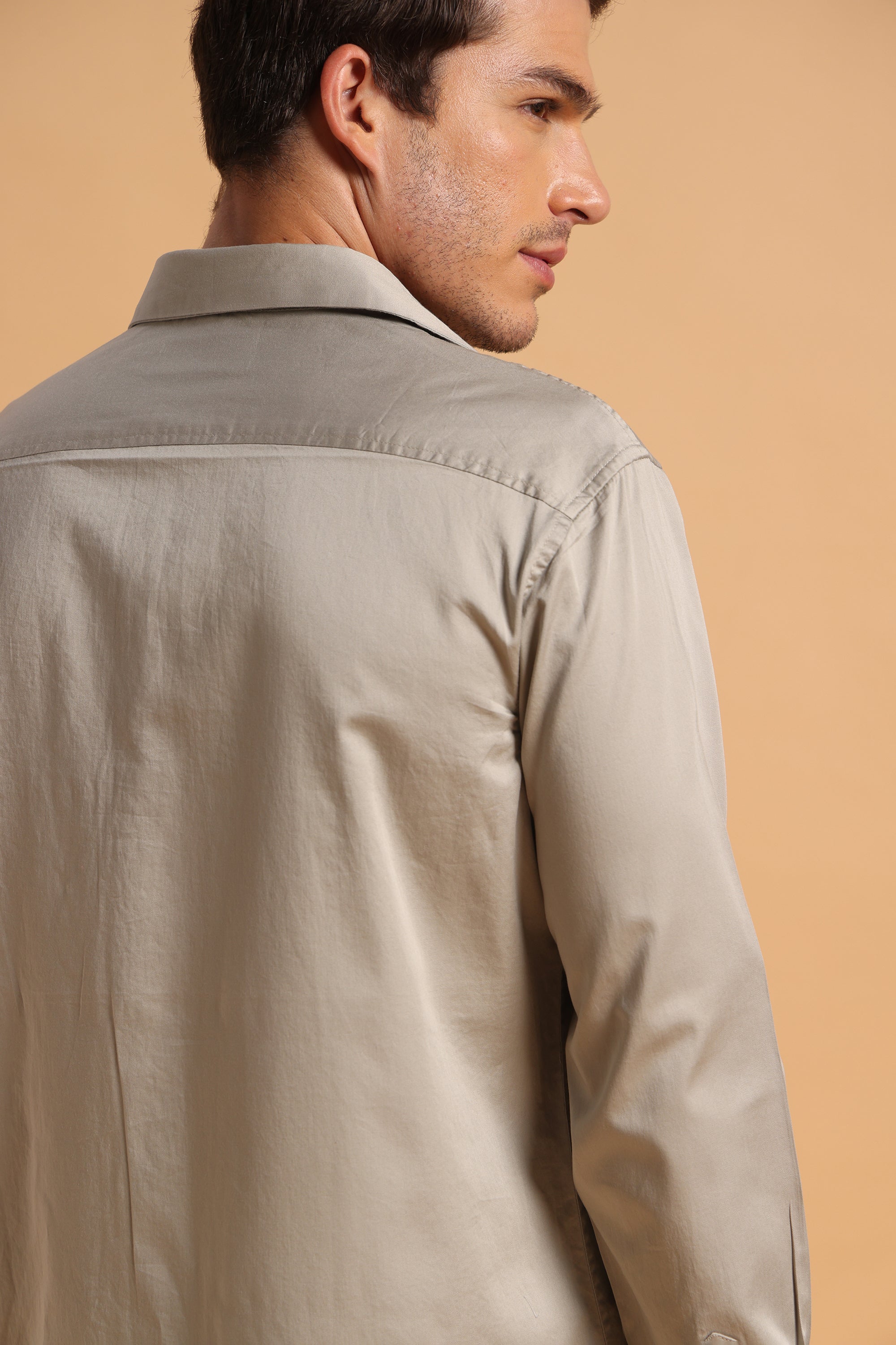 Light Khaki Satin Cotton Slim Fit Shirt for Men