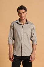 Light Khaki Satin Cotton Slim Fit Shirt for Men