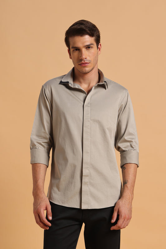 Light Khaki Satin Cotton Slim Fit Shirt for Men