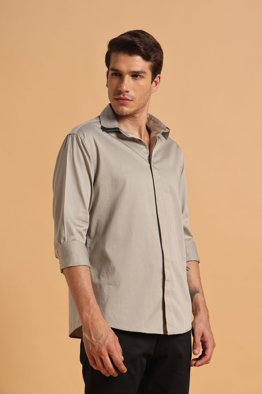 Light Khaki Satin Cotton Slim Fit Shirt for Men