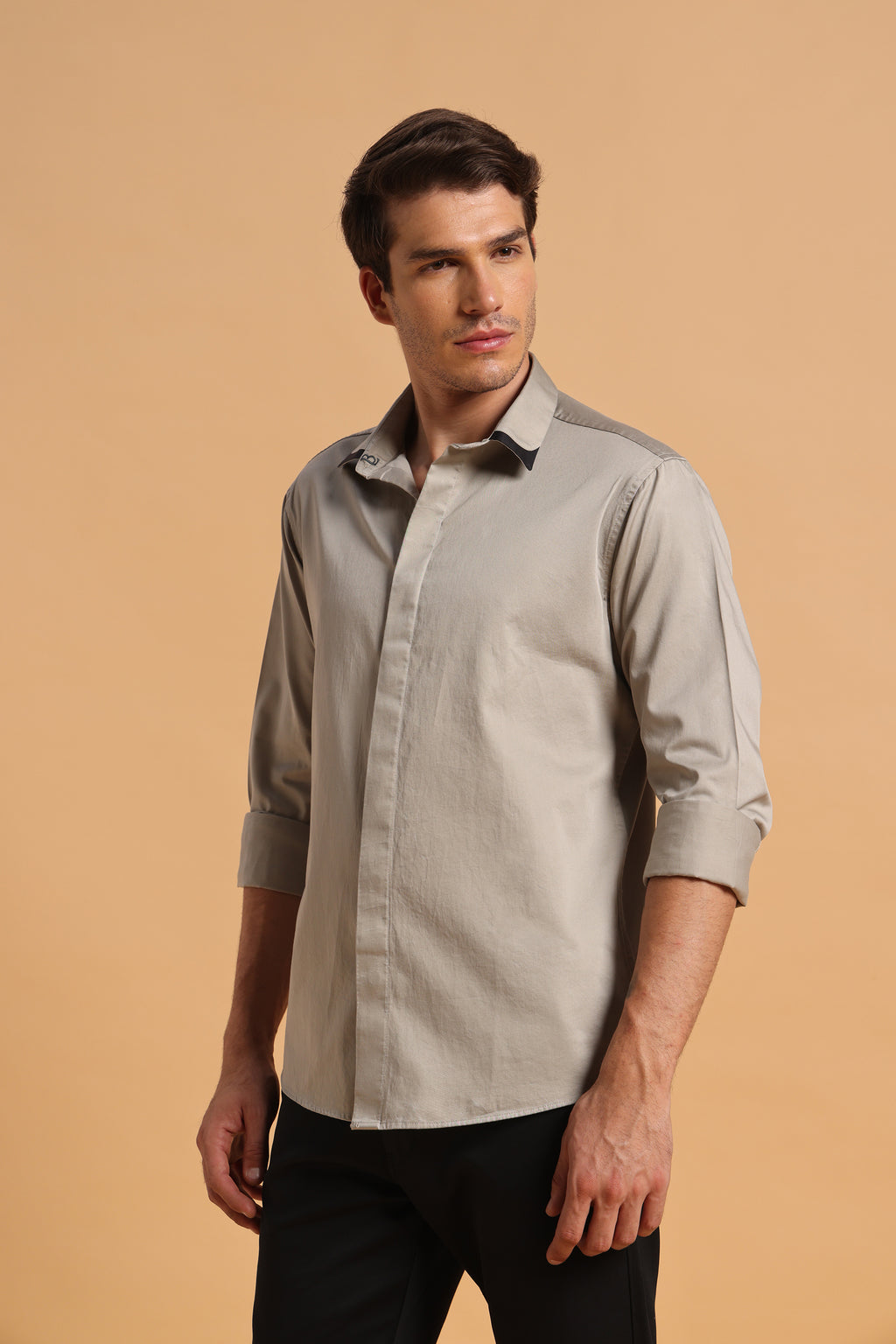 Light Khaki Satin Cotton Slim Fit Shirt for Men