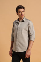 Light Khaki Satin Cotton Slim Fit Shirt for Men
