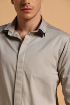 Light Khaki Satin Cotton Slim Fit Shirt for Men