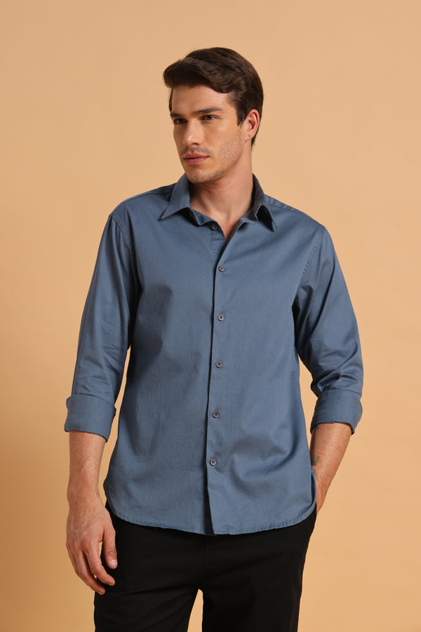 Slate Blue Twill Cotton Slim Fit Shirt for Men