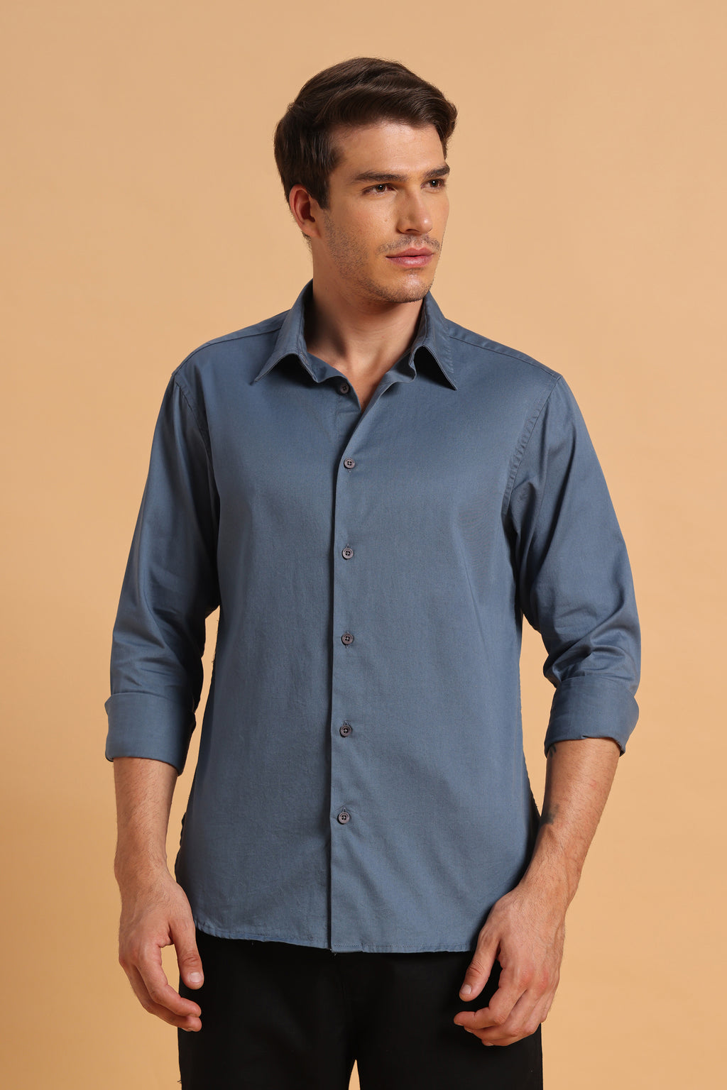 Slate Blue Twill Cotton Slim Fit Shirt for Men