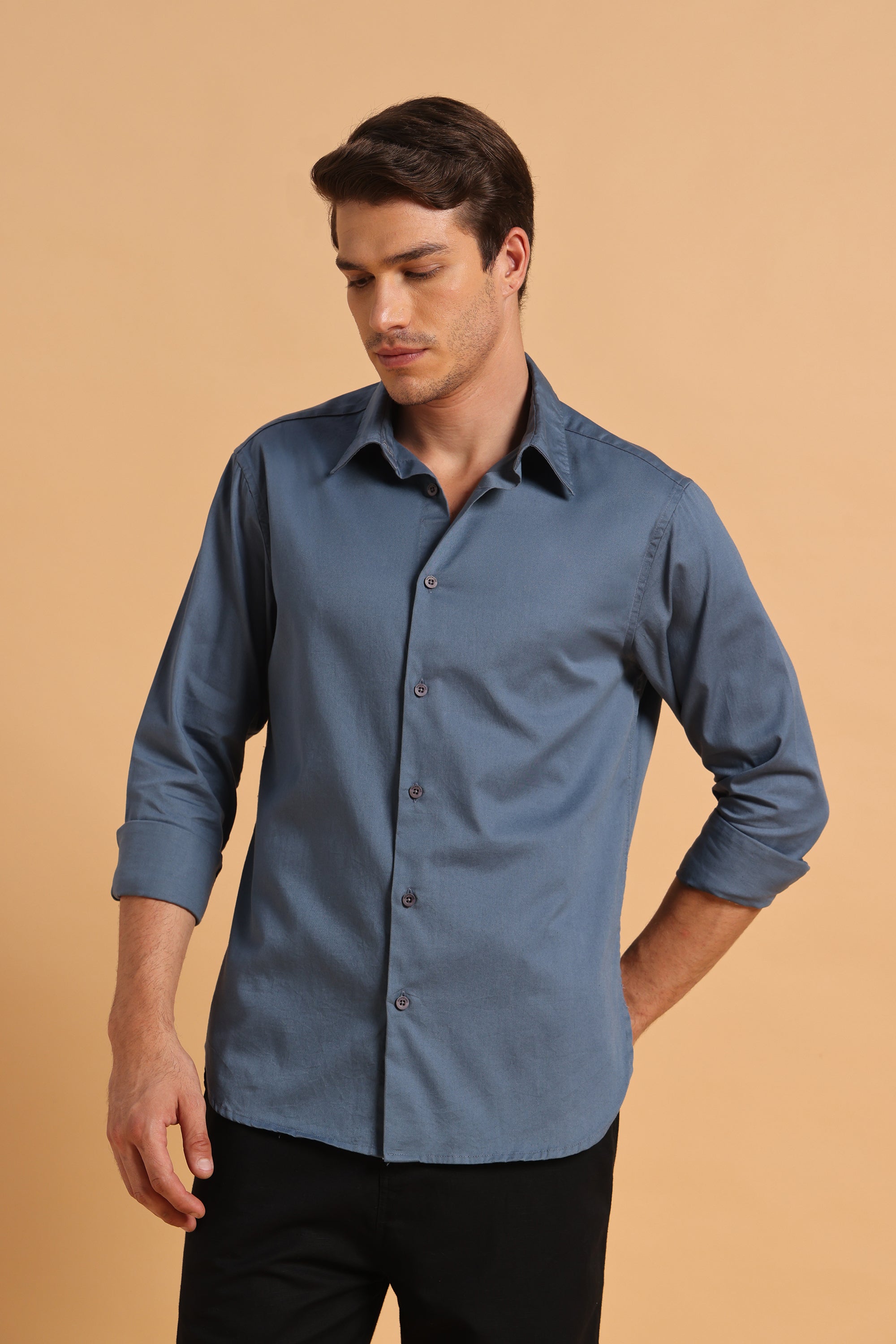 Slate Blue Twill Cotton Slim Fit Shirt for Men