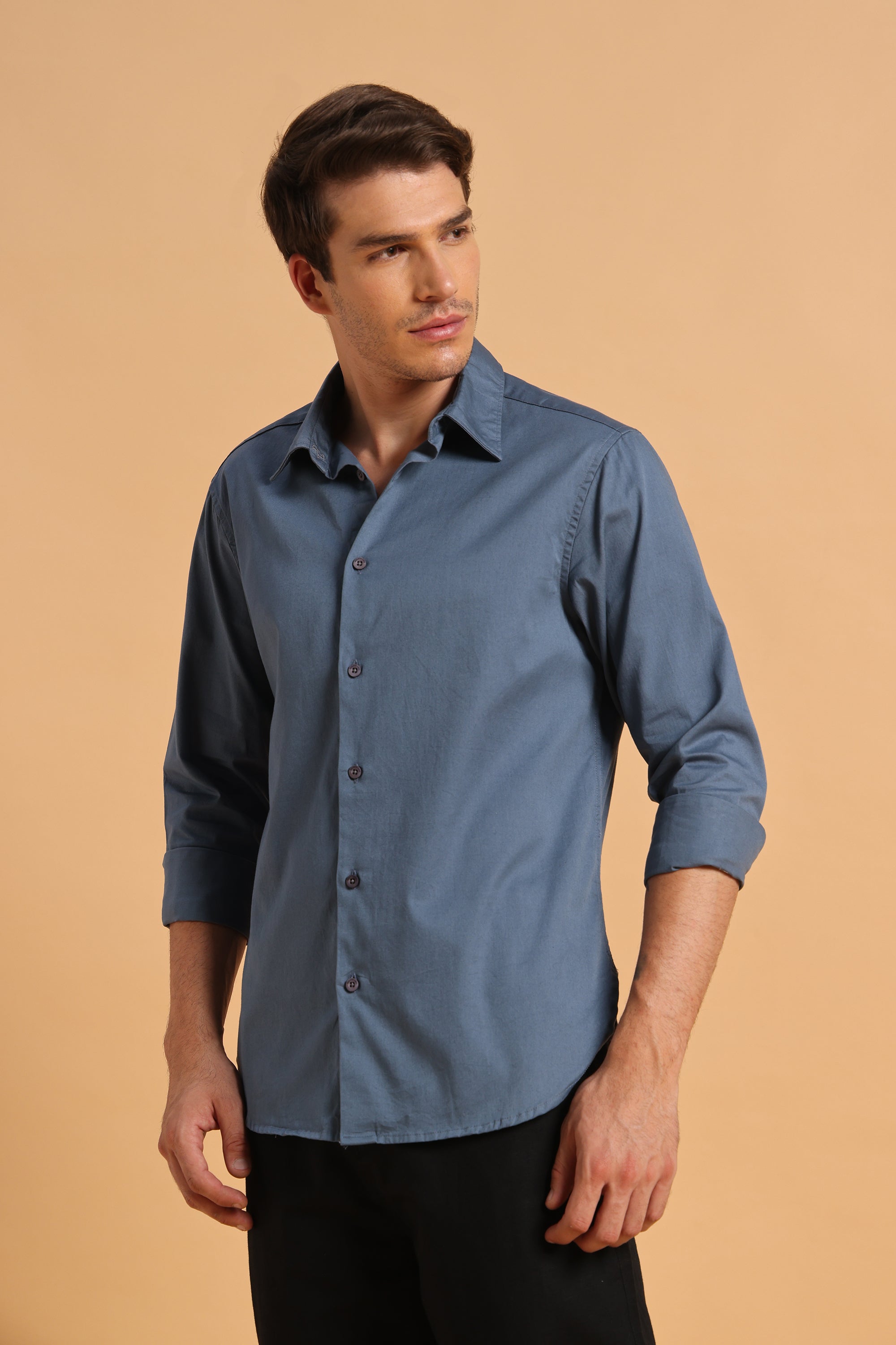 Slate Blue Twill Cotton Slim Fit Shirt for Men