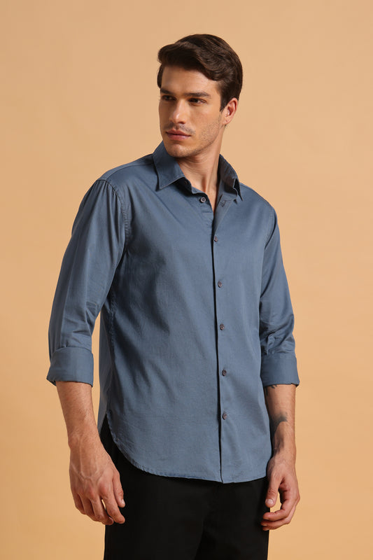 Slate Blue Twill Cotton Slim Fit Shirt for Men