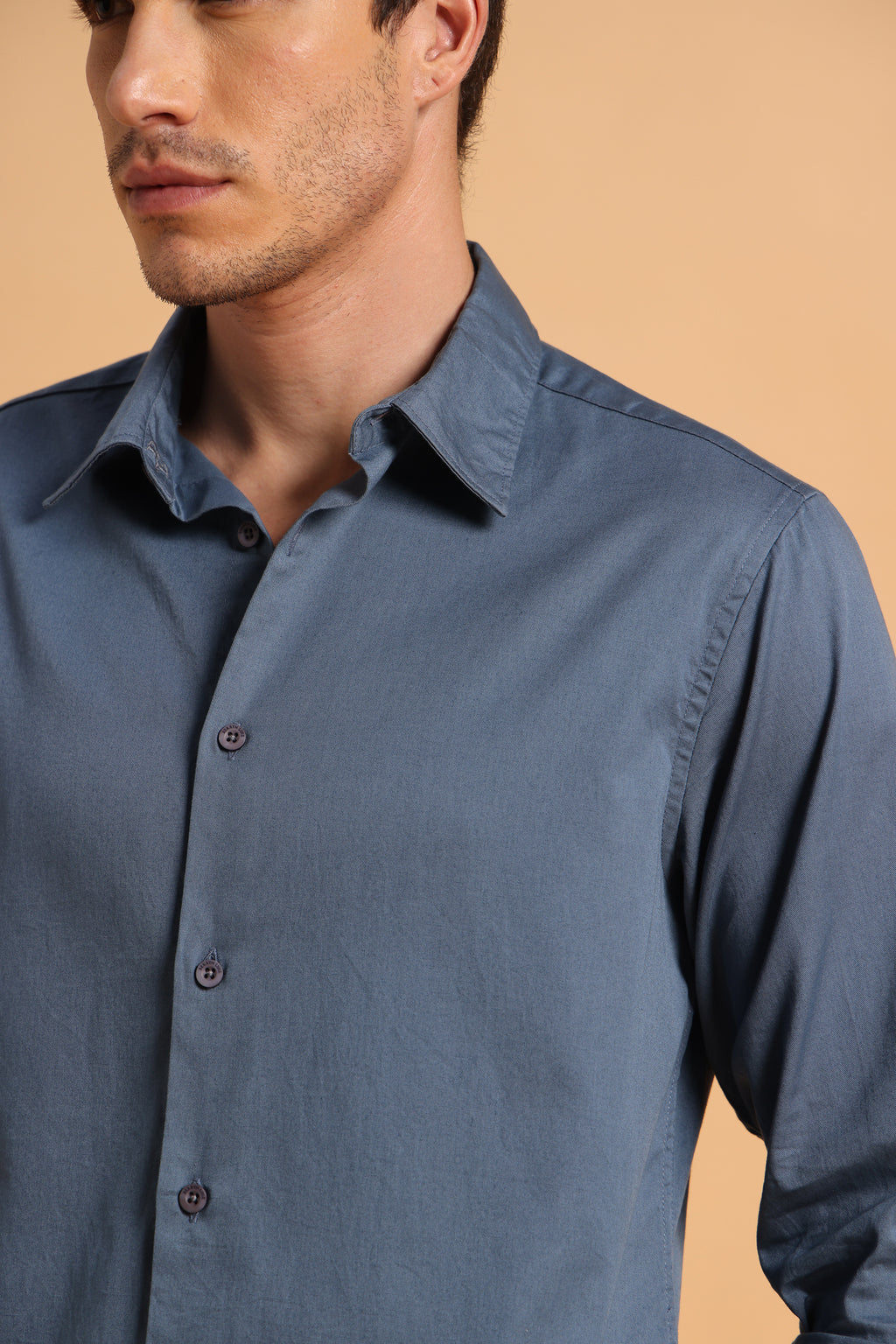 Slate Blue Twill Cotton Slim Fit Shirt for Men