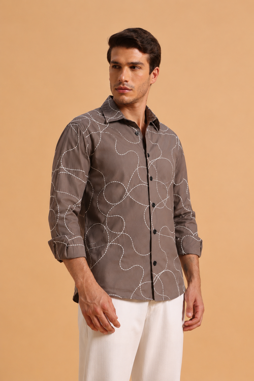 Charcoal Brown Twill Cotton Regular Fit Shirt for Men